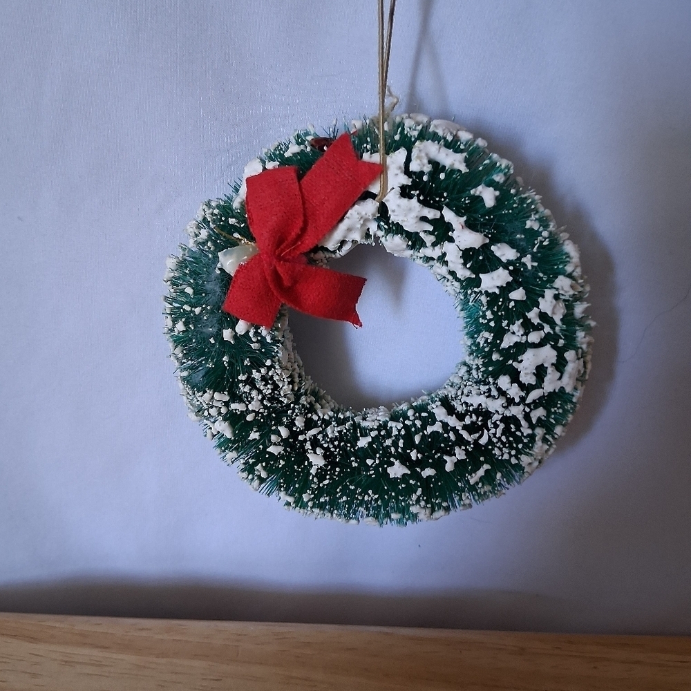 Festive Green Holiday Wreath with Red Bow Christmas Ornament 4x4